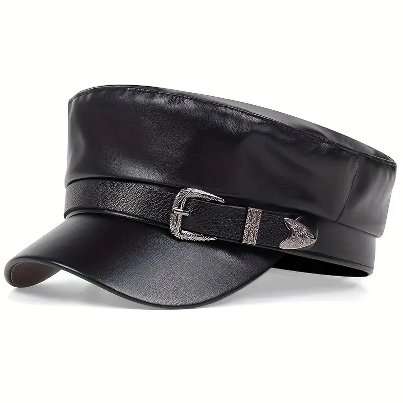 Leather Work Hat - Moda Kadın Büyük Tokalı Deri Şapka